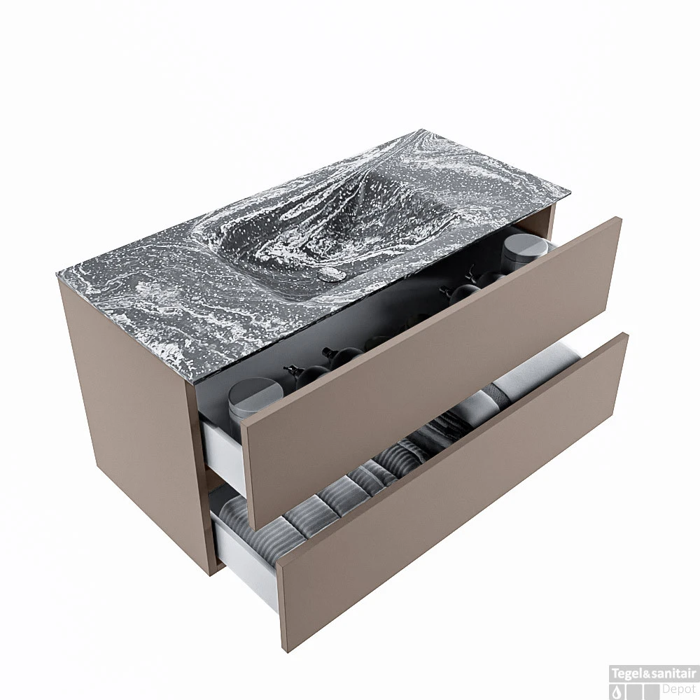 MONDIAZ VICA-DLUX 100cm Badmeubel Onderkast Smoke 2 Lades. Inbouw Wastafel CLOUD Midden 1 Kraangat, Kleur Lava. 2 MONDIAZ VICA-DLUX 100cm Badmeubel Onderkast Smoke 2 Lades. Inbouw Wastafel CLOUD Midden 1 Kraangat, Kleur Lava. - Afbeelding 2