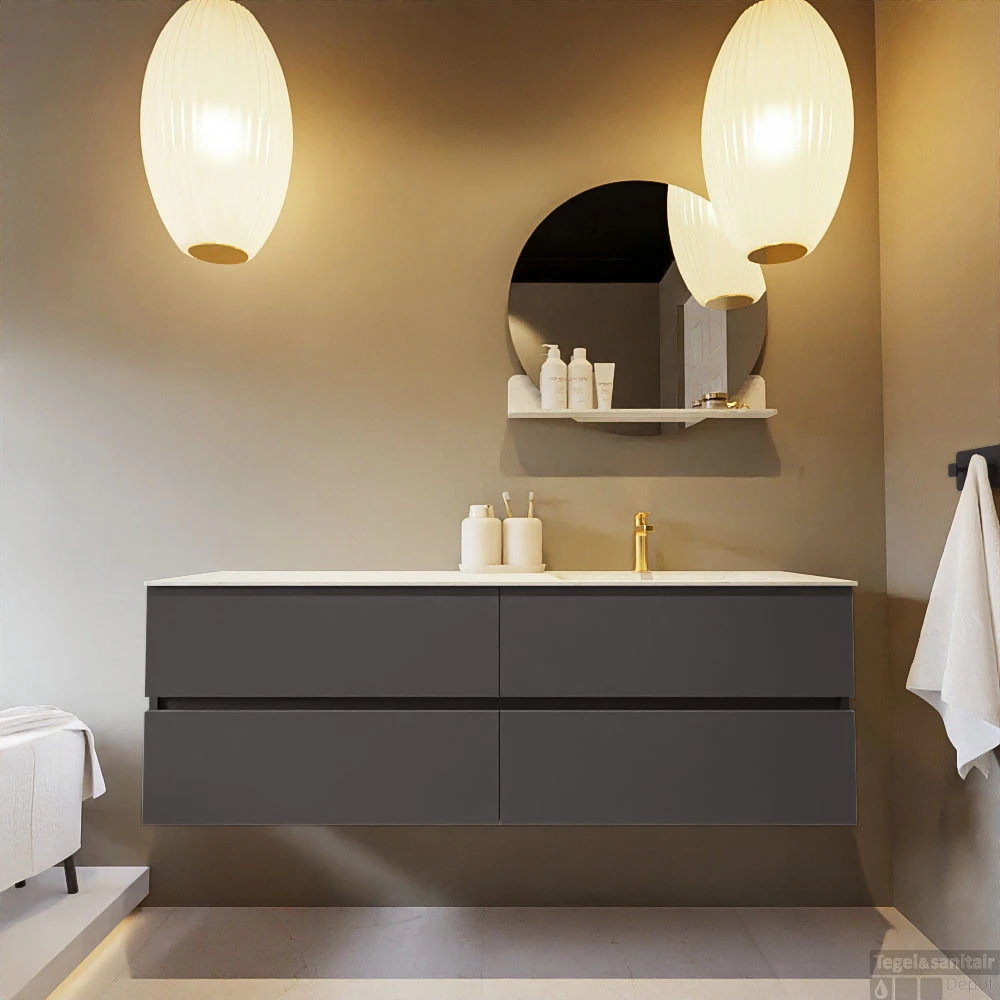 MONDIAZ VICA-DLUX 150cm Badmeubel Onderkast Dark Grey 4 Lades. Inbouw Wastafel CLOUD Rechts 1 Kraangat, Kleur Opalo. 6 MONDIAZ VICA-DLUX 150cm Badmeubel Onderkast Dark Grey 4 Lades. Inbouw Wastafel CLOUD Rechts 1 Kraangat, Kleur Opalo. - Afbeelding 6