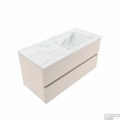 MONDIAZ VICA-DLUX 100cm Badmeubel Onderkast Linen 2 Lades. Inbouw Wastafel CLOUD Rechts 1 Kraangat, Kleur Opalo, En Spiegel Model SPOT