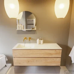 MONDIAZ VICA-DLUX 130cm Badmeubel Onderkast Washed Oak 2 Lades. Inbouw Wastafel CLOUD Links Zonder Kraangat, Kleur Opalo. -Zalig Baden Verkoopwinkel vica dluxe inbouw cloud opalo washed oak front1 0029