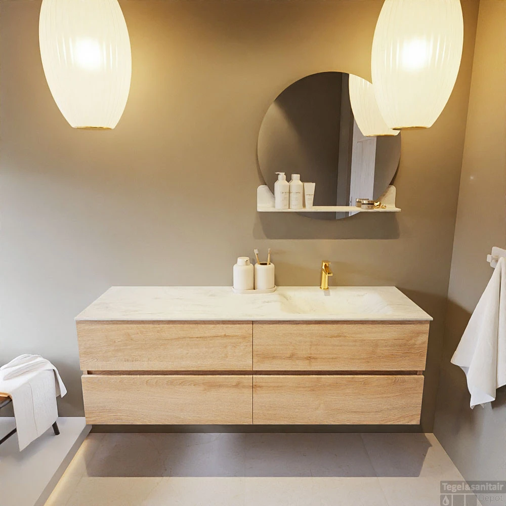 MONDIAZ VICA-DLUX 150cm Badmeubel Onderkast Washed Oak 4 Lades. Inbouw Wastafel CLOUD Rechts 1 Kraangat, Kleur Opalo, En Spiegel Model SPOT 6 MONDIAZ VICA-DLUX 150cm Badmeubel Onderkast Washed Oak 4 Lades. Inbouw Wastafel CLOUD Rechts 1 Kraangat, Kleur Opalo, En Spiegel Model SPOT - Afbeelding 6