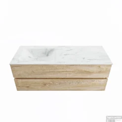 MONDIAZ VICA-DLUX 130cm Badmeubel Onderkast Washed Oak 2 Lades. Inbouw Wastafel CLOUD Links Zonder Kraangat, Kleur Opalo.