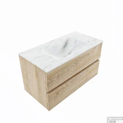 MONDIAZ VICA-DLUX 90cm Badmeubel Onderkast Washed Oak 2 Lades. Inbouw Wastafel CLOUD Midden 1 Kraangat, Kleur Opalo, En Spiegel Model SPOT