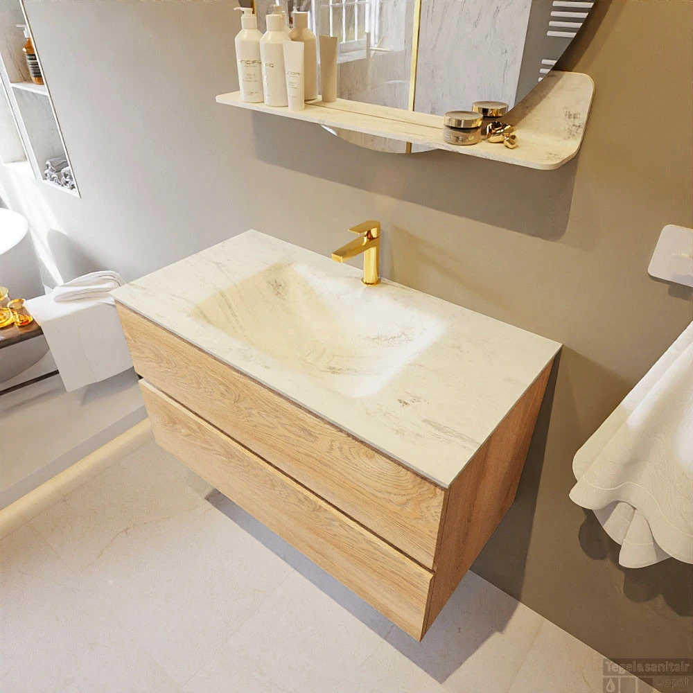 MONDIAZ VICA-DLUX 90cm Badmeubel Onderkast Washed Oak 2 Lades. Inbouw Wastafel CLOUD Midden 1 Kraangat, Kleur Opalo, En Spiegel Model SPOT 3 MONDIAZ VICA-DLUX 90cm Badmeubel Onderkast Washed Oak 2 Lades. Inbouw Wastafel CLOUD Midden 1 Kraangat, Kleur Opalo, En Spiegel Model SPOT - Afbeelding 3