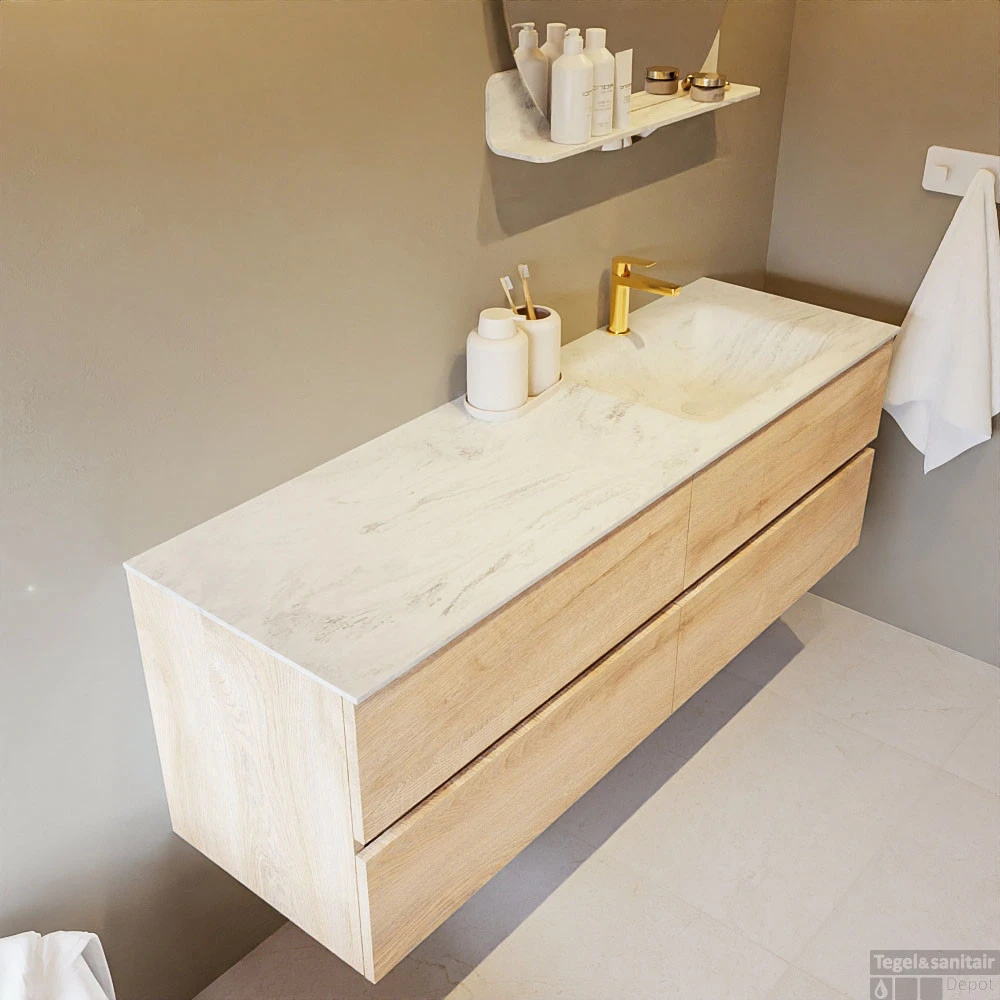 MONDIAZ VICA-DLUX 150cm Badmeubel Onderkast Washed Oak 4 Lades. Inbouw Wastafel CLOUD Rechts 1 Kraangat, Kleur Opalo, En Spiegel Model SPOT 5 MONDIAZ VICA-DLUX 150cm Badmeubel Onderkast Washed Oak 4 Lades. Inbouw Wastafel CLOUD Rechts 1 Kraangat, Kleur Opalo, En Spiegel Model SPOT - Afbeelding 5