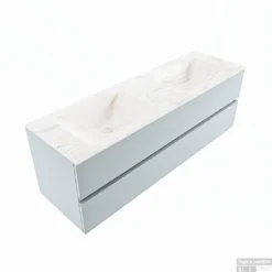 MONDIAZ VICA-DLUX 150cm Badmeubel Onderkast Clay 2 Lades. Inbouw Wastafel CLOUD Dubbel 2 Kraangaten, Kleur Ostra, En Spiegel Model SPOT