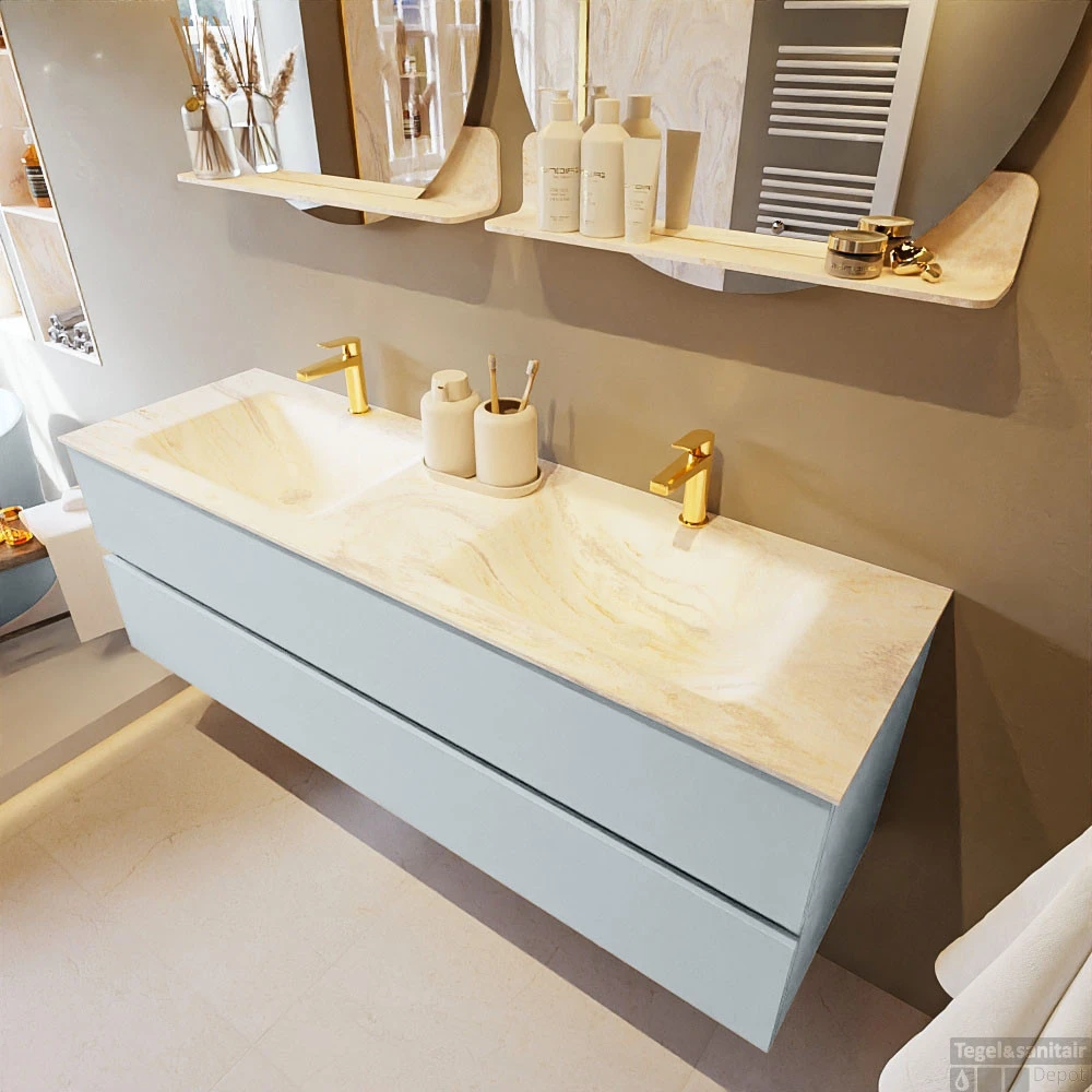 MONDIAZ VICA-DLUX 150cm Badmeubel Onderkast Clay 2 Lades. Inbouw Wastafel CLOUD Dubbel 2 Kraangaten, Kleur Ostra, En Spiegel Model SPOT 3 MONDIAZ VICA-DLUX 150cm Badmeubel Onderkast Clay 2 Lades. Inbouw Wastafel CLOUD Dubbel 2 Kraangaten, Kleur Ostra, En Spiegel Model SPOT - Afbeelding 3