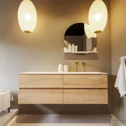 MONDIAZ VICA-DLUX 150cm Badmeubel Onderkast Washed Oak 4 Lades. Inbouw Wastafel CLOUD Rechts Zonder Kraangat, Kleur Ostra, En Spiegel Model SPOT -Zalig Baden Verkoopwinkel vica dluxe inbouw cloud ostra washed oak front2 0057