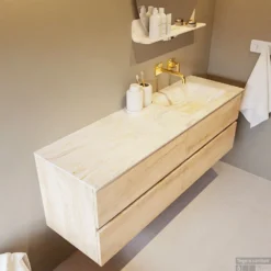 MONDIAZ VICA-DLUX 150cm Badmeubel Onderkast Washed Oak 4 Lades. Inbouw Wastafel CLOUD Rechts Zonder Kraangat, Kleur Ostra, En Spiegel Model SPOT -Zalig Baden Verkoopwinkel vica dluxe inbouw cloud ostra washed oak side2 0057 13132514383260