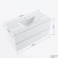 MONDIAZ VICA 100cm Badmeubel Onderkast Smag 2 Lades. Wastafel Denia Midden 1 Kraangat, Kleur Glanzend Wit Met Spiegel LED. -Zalig Baden Verkoopwinkel vicadenia100midden2maattekening 12526264433584
