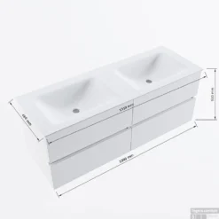 MONDIAZ VICA-DLUX 130cm Badmeubel Onderkast Washed Oak 4 Lades. Inbouw Wastafel CLOUD Dubbel 2 Kraangaten, Kleur Glace. -Zalig Baden Verkoopwinkel vicadluxe130cm4doublemaattekening 8151264475066