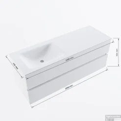 MONDIAZ VICA-DLUX 130cm Badmeubel Onderkast Washed Oak 2 Lades. Inbouw Wastafel CLOUD Links Zonder Kraangat, Kleur Opalo. -Zalig Baden Verkoopwinkel vicadluxe130cmleftmaattekening 8151264475220