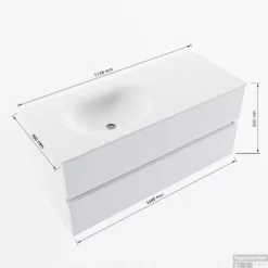 MONDIAZ VICA 110cm Badmeubel Onderkast Smag 2 Lades. Wastafel Moon Links Zonder Kraangat, Kleur Talc Met Spiegel LED. -Zalig Baden Verkoopwinkel vicamoon110links2maattekening 12526264451336