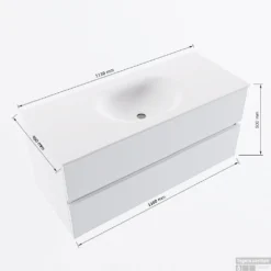 MONDIAZ VICA 110cm Badmeubel Onderkast Oro 2 Lades. Wastafel Moon Midden 1 Kraangat, Kleur Talc Met Spiegel LED. -Zalig Baden Verkoopwinkel vicamoon110midden2maattekening 12526264451287 2