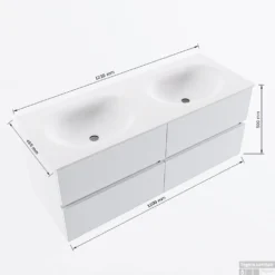 MONDIAZ VICA 120cm Badmeubel Onderkast Rust 4 Lades. Wastafel MOON Dubbel 2 Kraangaten, Kleur Talc. -Zalig Baden Verkoopwinkel vicamoon120dubbel4maattekening 12526264451591