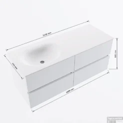 MONDIAZ VICA 120cm Badmeubel Onderkast Marquina 4 Lades. Wastafel Moon Links 1 Kraangat, Kleur Talc Met Spiegel LED. -Zalig Baden Verkoopwinkel vicamoon120links4maattekening 12526264451636