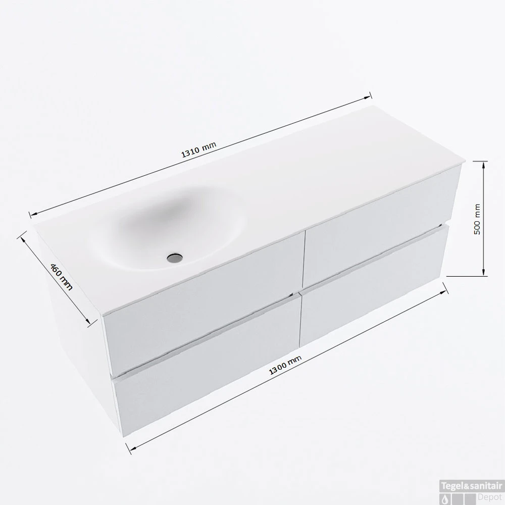 MONDIAZ VICA 130cm Badmeubel Onderkast Cale 4 Lades. Wastafel Moon Links Zonder Kraangat, Kleur Talc Met Spiegel LED. 8 MONDIAZ VICA 130cm Badmeubel Onderkast Cale 4 Lades. Wastafel Moon Links Zonder Kraangat, Kleur Talc Met Spiegel LED. - Afbeelding 8