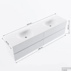 MONDIAZ VICA 190cm Badmeubel Onderkast Urban 4 Lades. Wastafel Moon Dubbel Zonder Kraangat, Kleur Talc Met Spiegel LED. -Zalig Baden Verkoopwinkel vicamoon190dubbel4maattekening 12526264453391