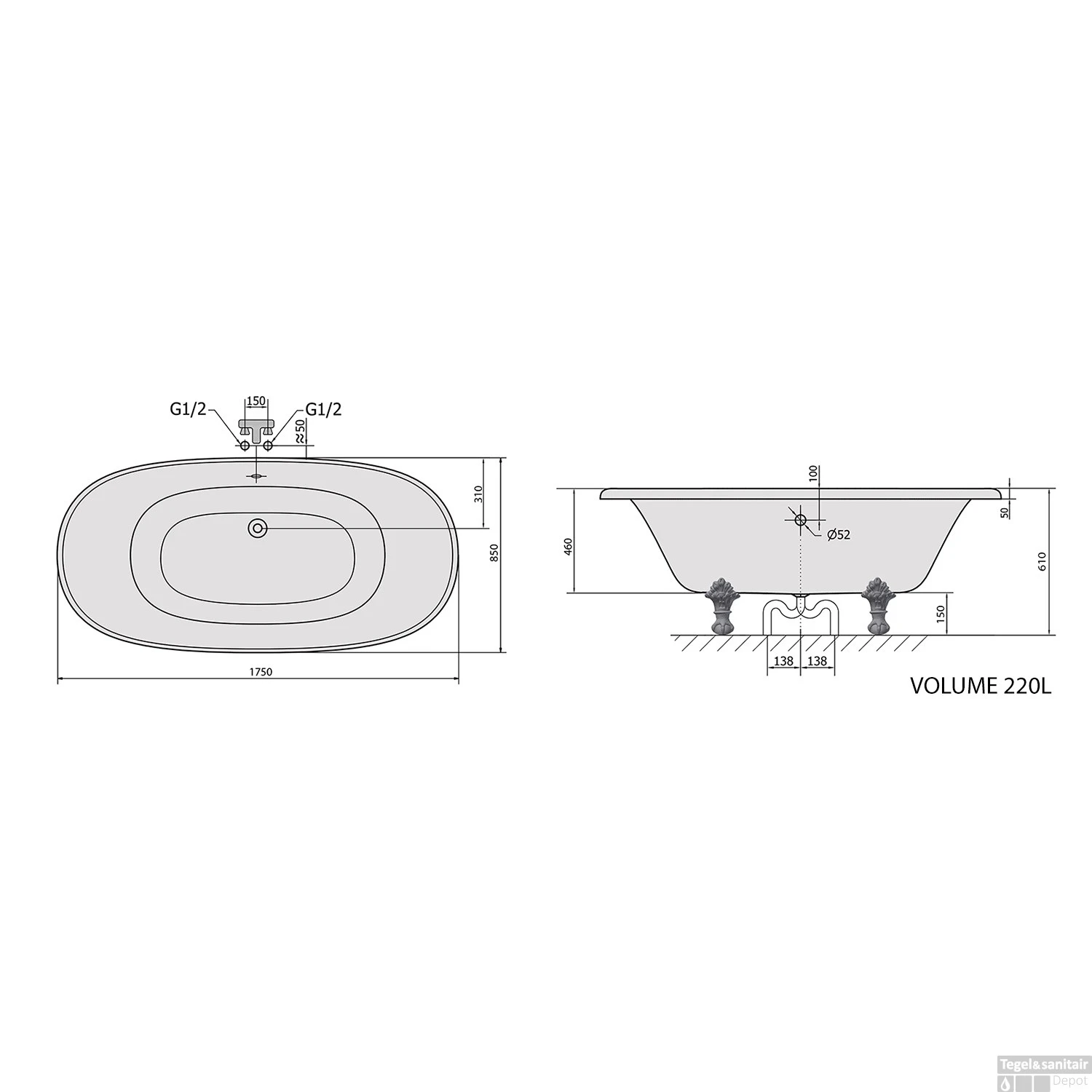 Vrijstaand Bad Sapho Regata 175x85x61 Cm Wit Met Leeuwenpoten Chroom 9 Vrijstaand Bad Sapho Regata 175x85x61 Cm Wit Met Leeuwenpoten Chroom - Afbeelding 9