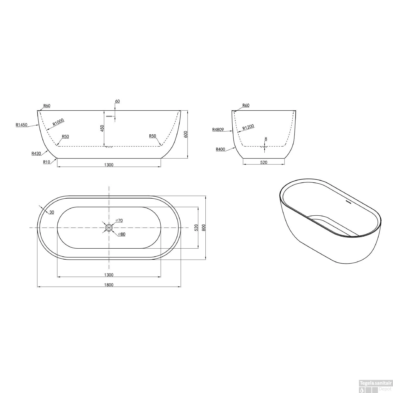 Vrijstaand Ligbad Luca Sanitair Primo Acryl 180x80x60 Cm Glans Wit (inclusief Afvoer En Sifon) - Afbeelding 4