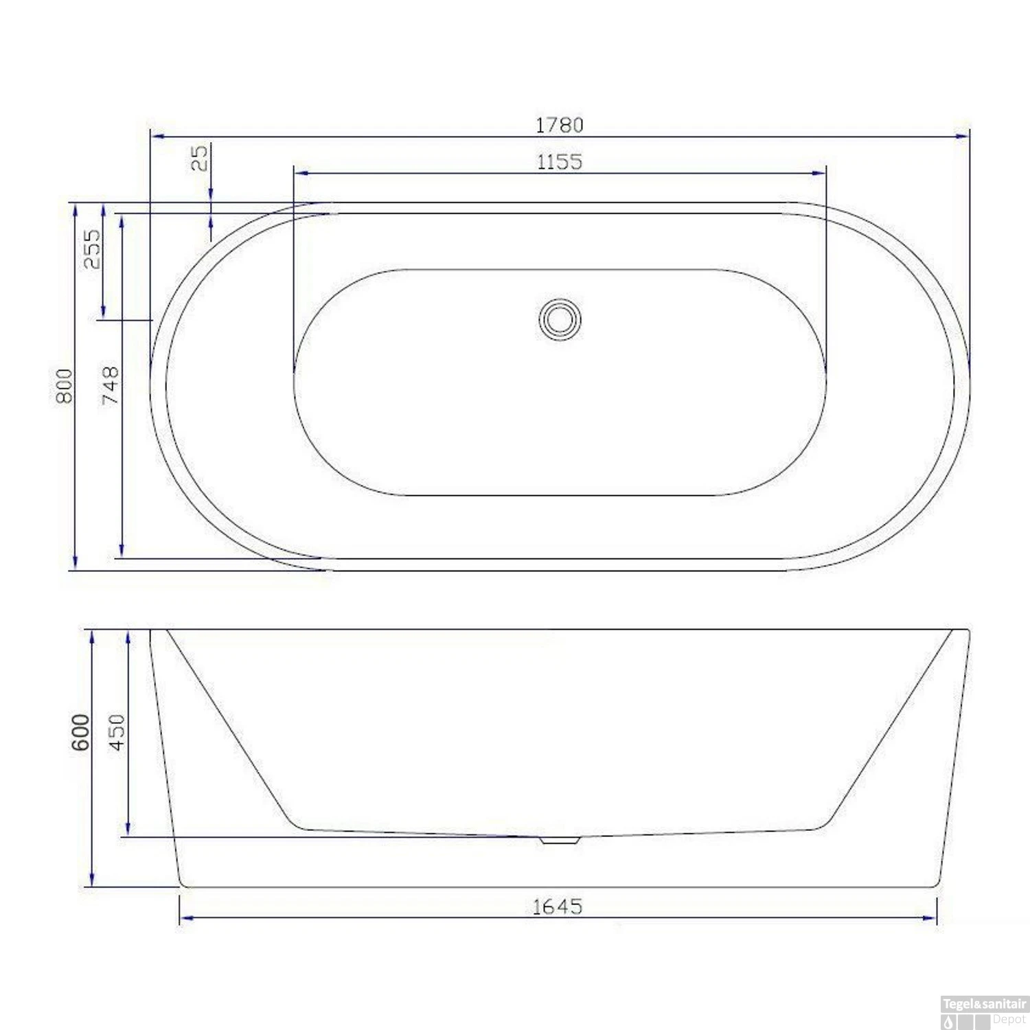 Vrijstaande Whirlpool Wiesbaden Libero 178x80x58.5 Cm Luchtsysteem Met RVS Jets Glans Wit - Afbeelding 4