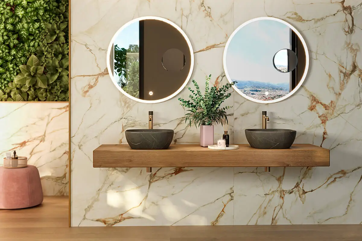 Zalig Baden Verkoopwinkel -Zalig Baden Verkoopwinkel Bathroom with luxurius marble effect wall tiles by Porcelanosa.jpg